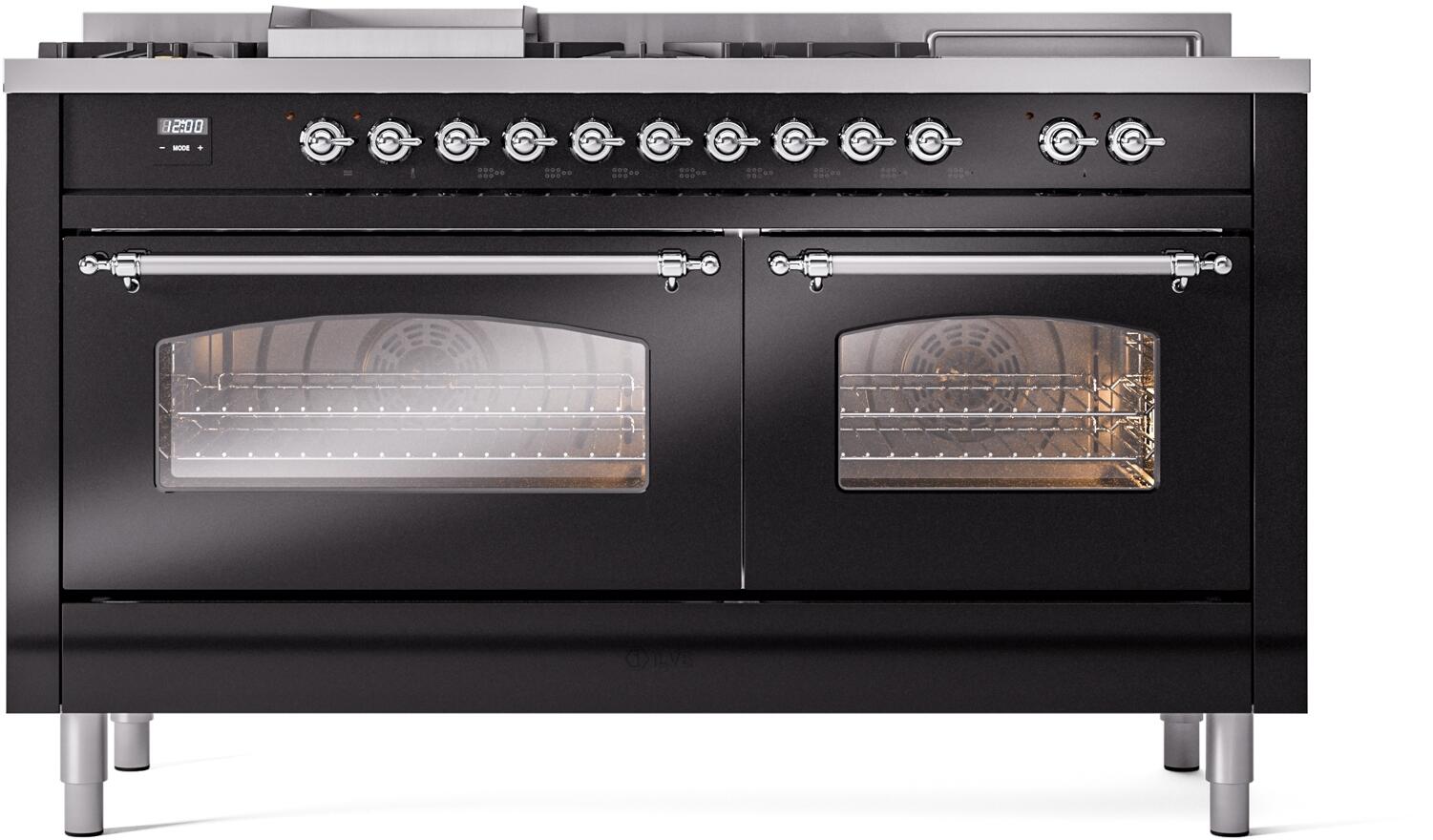 Double-oven front with two closed glass doors in glossy black with chrome trim