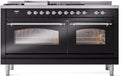ILVE Nostalgie II 60-Inch Dual Fuel Range with 7 Burners, Griddle, & French Top with Triple Glass Door Oven in Glossy Black with Chrome Trim (UP60FSNMPBKC)