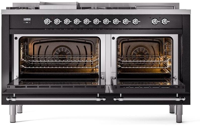 Both oven compartments open with illuminated racks and convection fan housings