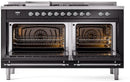 ILVE Nostalgie II 60-Inch Natural Gas Dual Fuel Range with 7 Burners, Griddle, & French Top with Triple Glass Door Oven in Glossy Black with Chrome Trim (UP60FSNMPBKC)