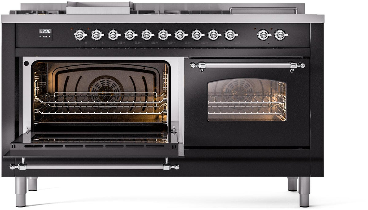 Open double-oven doors showing heated racks and circular convection fans