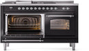 ILVE Nostalgie II 60-Inch Natural Gas Dual Fuel Range with 7 Burners, Griddle, & French Top with Triple Glass Door Oven in Glossy Black with Chrome Trim (UP60FSNMPBKC)