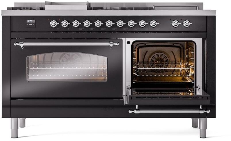 Range front with left oven glass door closed and right oven door open