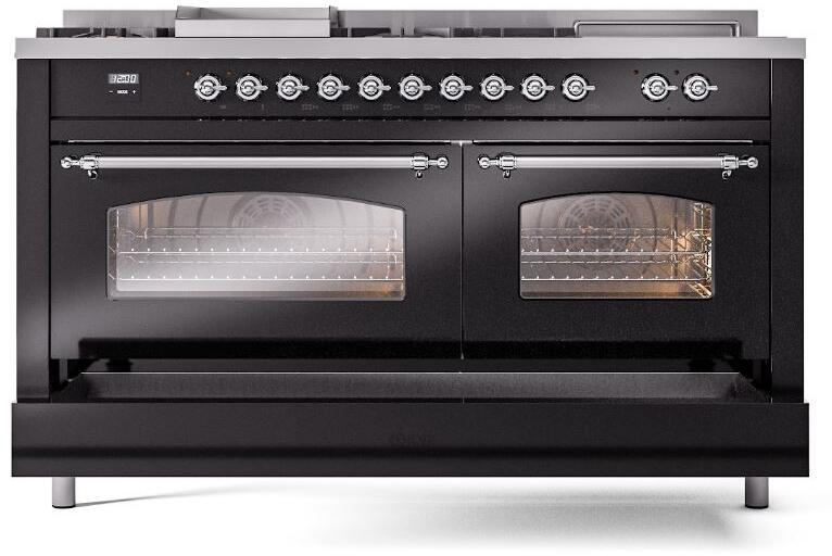 Double oven with two glass doors and visible racks inside, glossy black finish