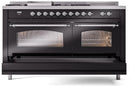 ILVE Nostalgie II 60-Inch Natural Gas Dual Fuel Range with 7 Burners, Griddle, & French Top with Triple Glass Door Oven in Glossy Black with Chrome Trim (UP60FSNMPBKC)