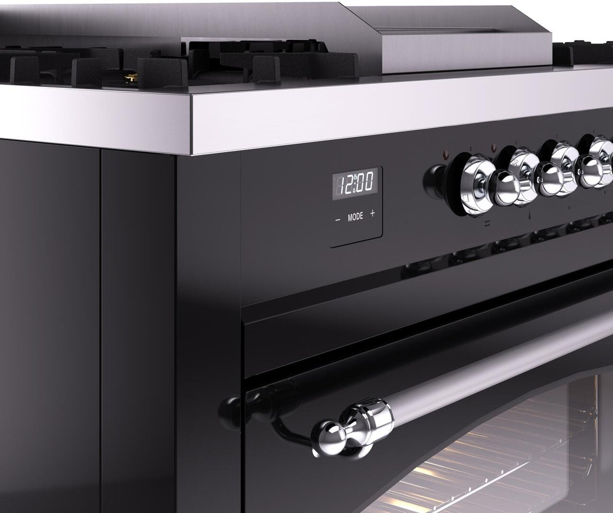 Black front control panel with knob row, digital display, and curved chrome handle