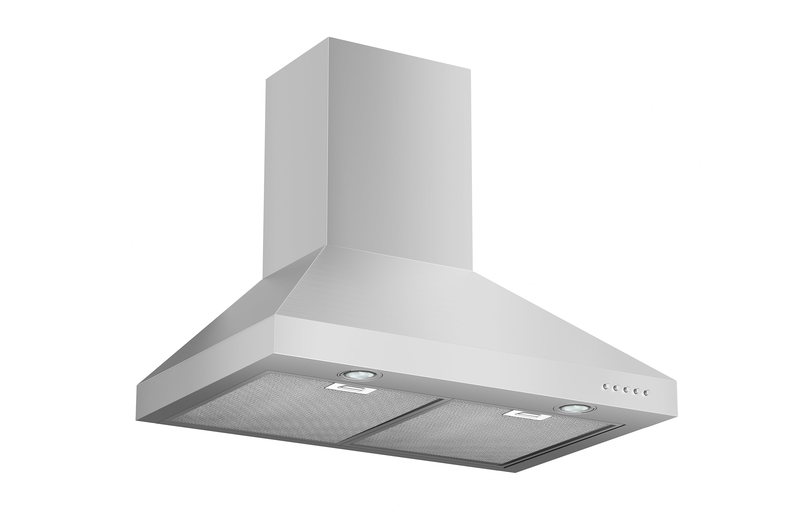 Stainless steel wall mount range hood with angled view and mesh filter panel