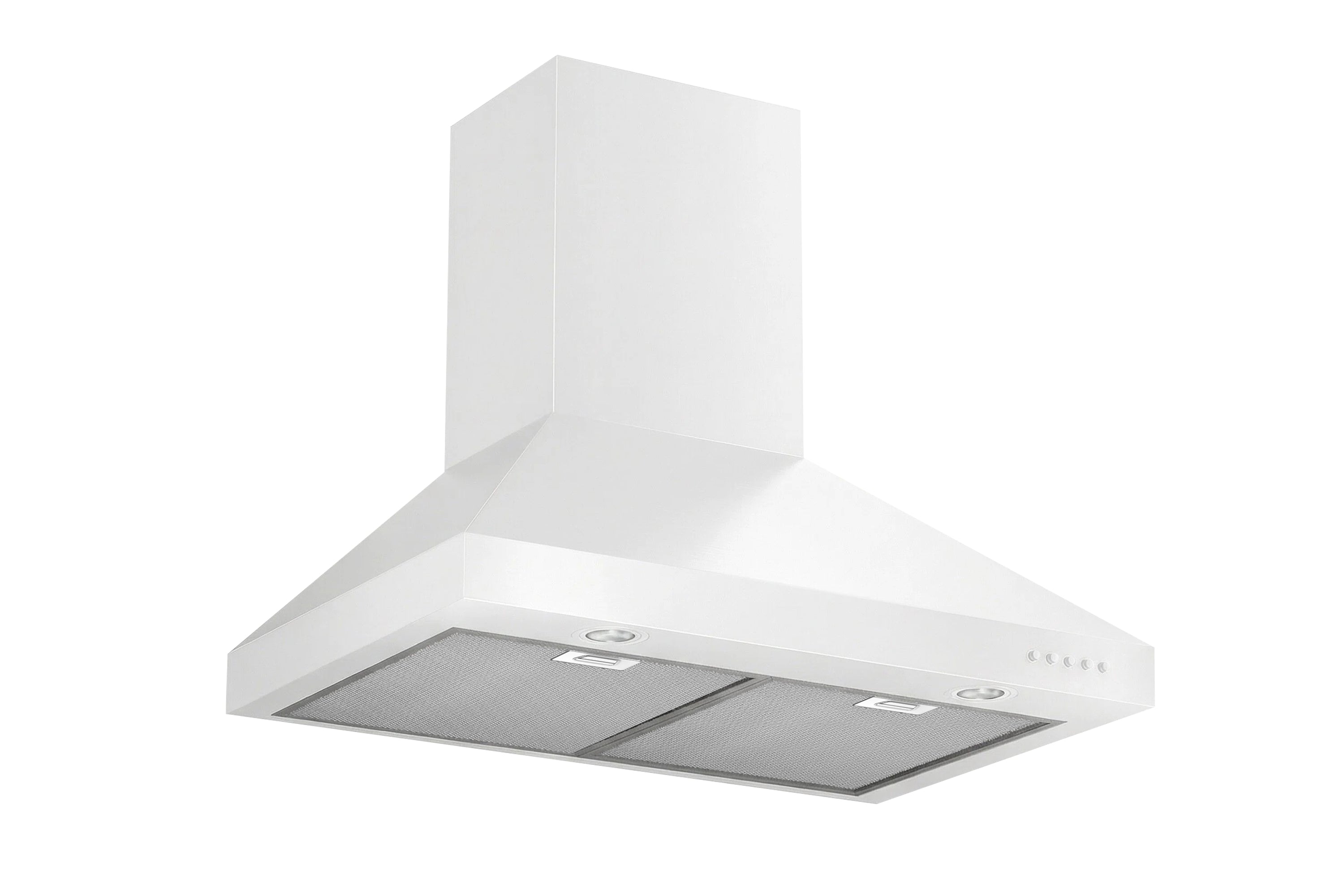 Matte white wall mount range hood with chimney and two metal mesh filters