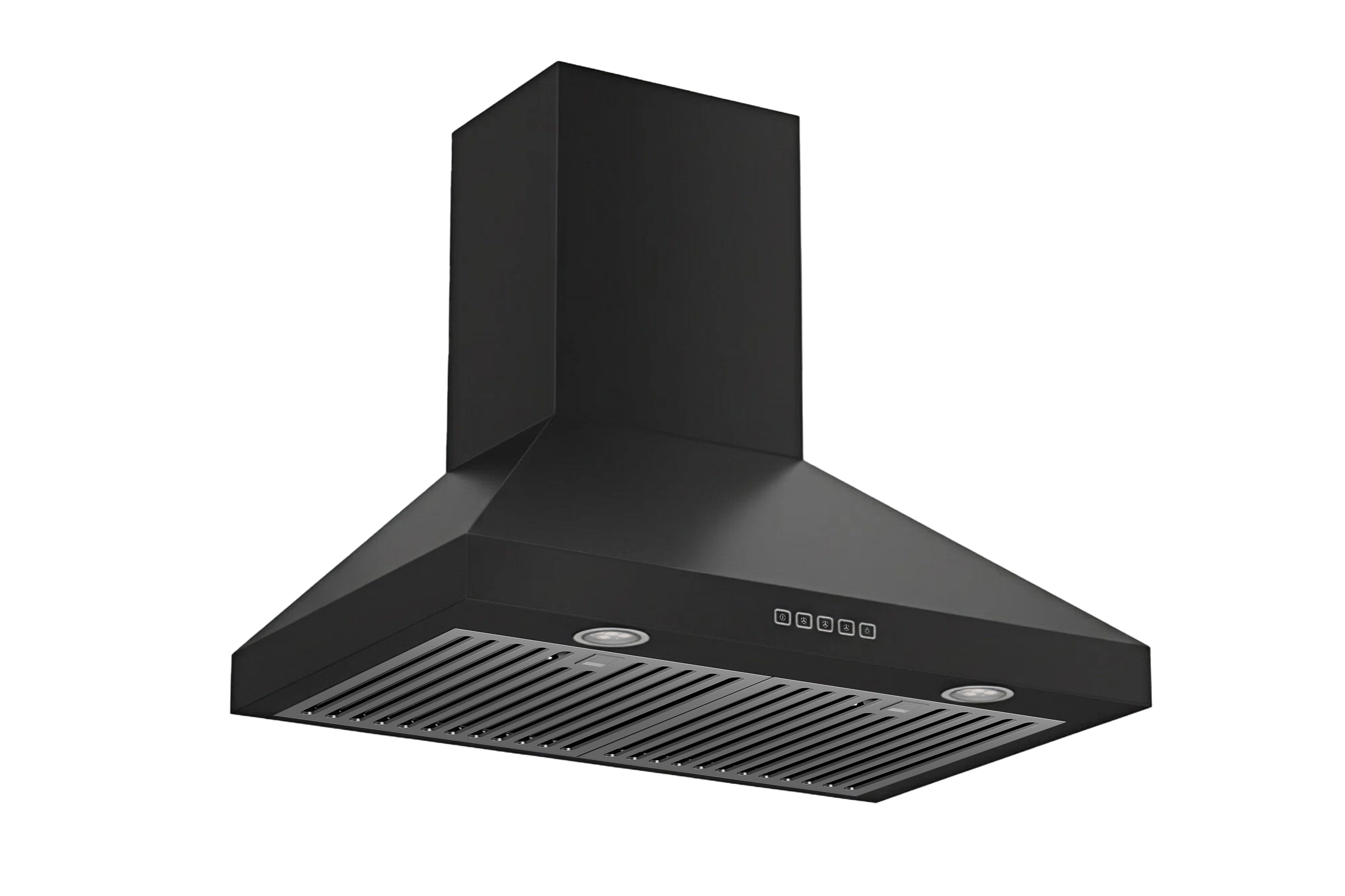 Matte black convertible wall mount range hood with rounded chimney and vented filter tray.