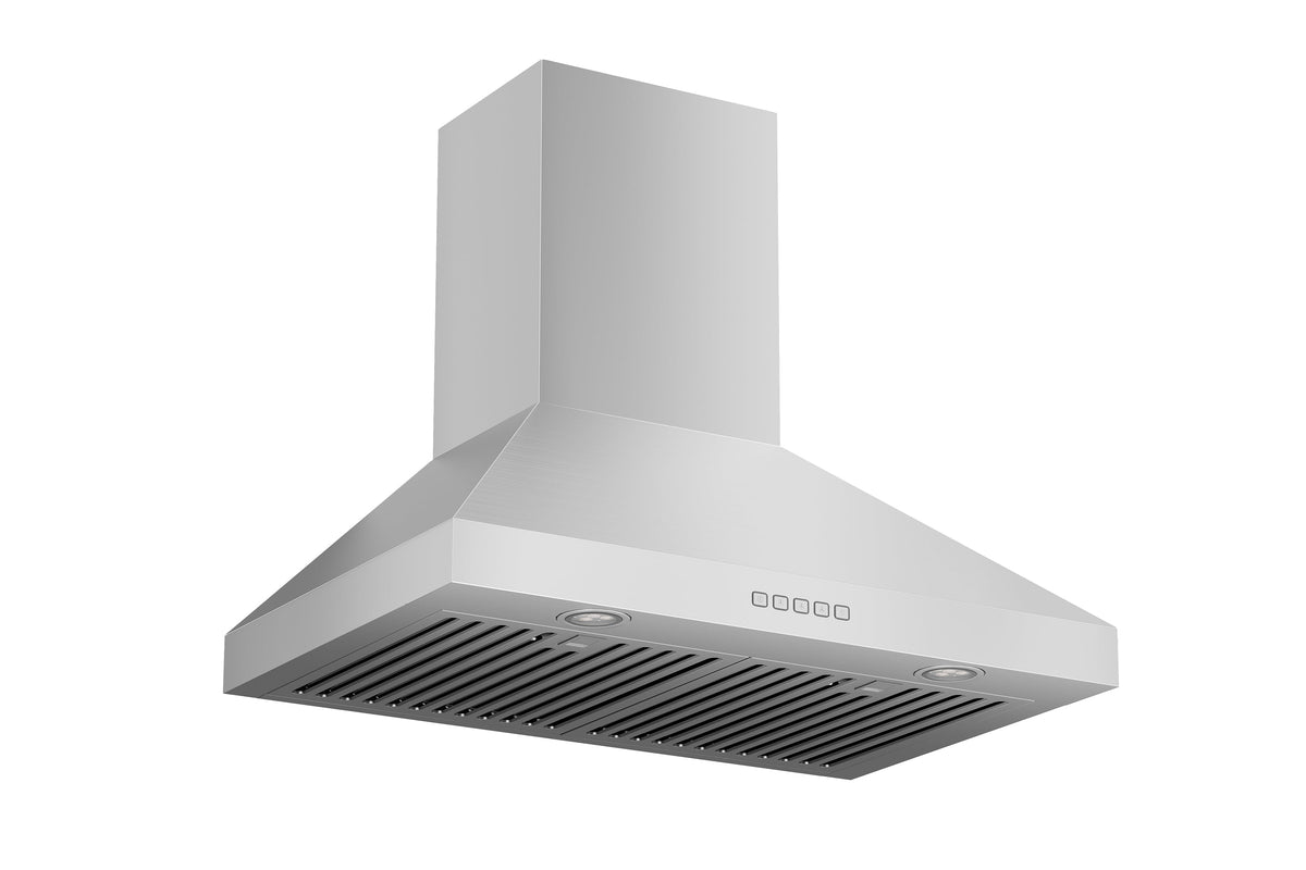 Matte white convertible wall mount range hood with chimney flue and vented lower grille.
