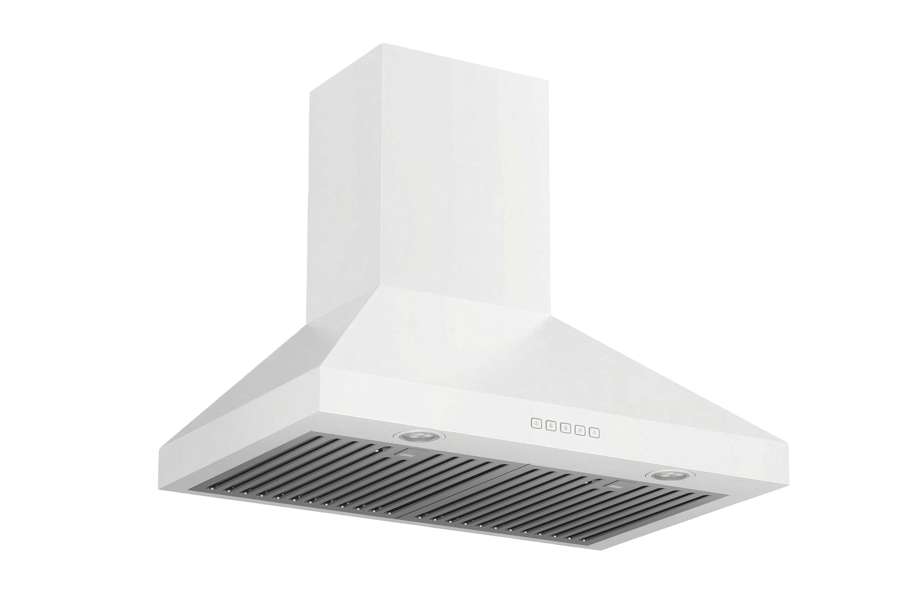 White convertible wall mount range hood, side view showing chimney and fan vents
