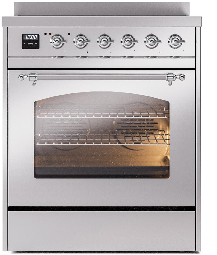 Stainless steel electric induction range with chrome-trim door and oven window, front controls
