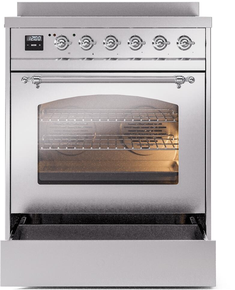 Stainless steel induction range with chrome handles and oven window, front control knobs