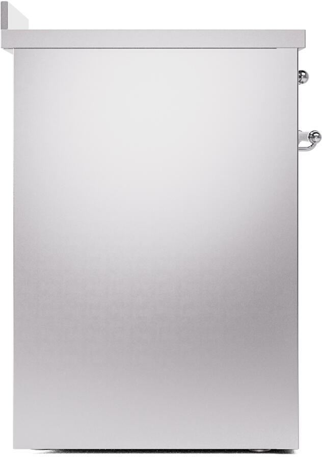 Stainless steel freestanding induction range exterior side panel with chrome handle