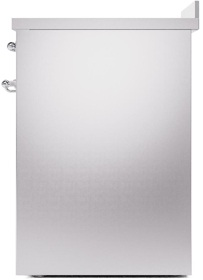 Stainless steel freestanding induction range rear side exterior panel with chrome corner detail