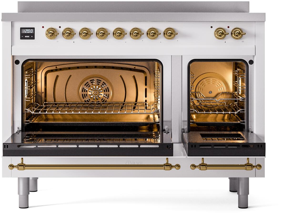White range with dual oven doors open, brass trim, illuminated interior racks