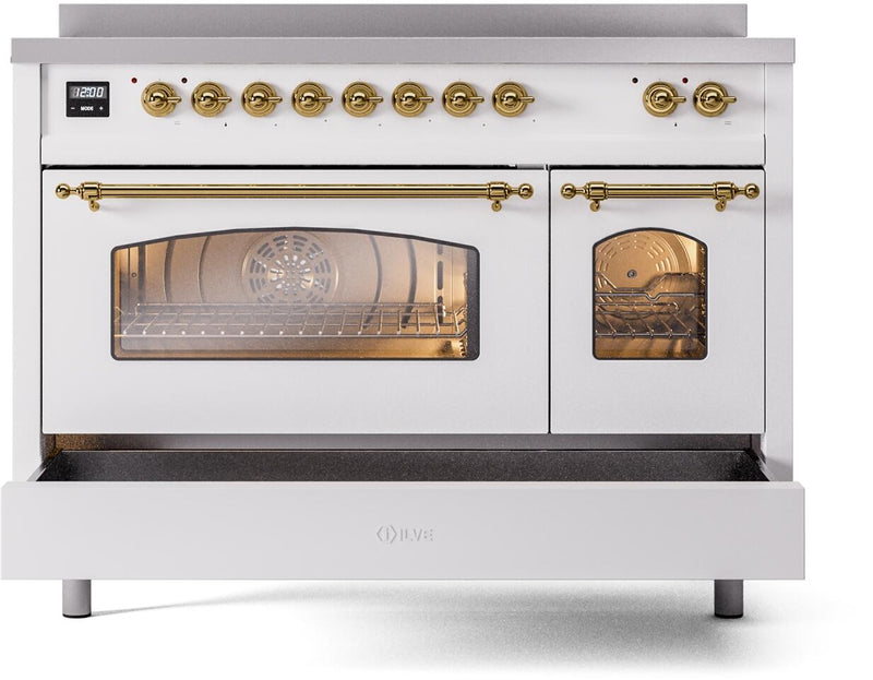 ILVE Nostalgie II 48-Inch Freestanding Electric Induction Range in White with Brass Trim (UPI486NMPWHG)