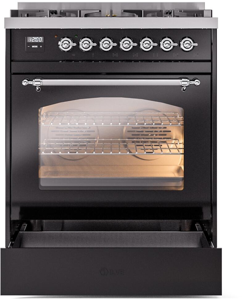 ILVE Nostalgie II 30-Inch Dual Fuel Freestanding Range in Glossy Black with Chrome Trim (UP30NMPBKC)