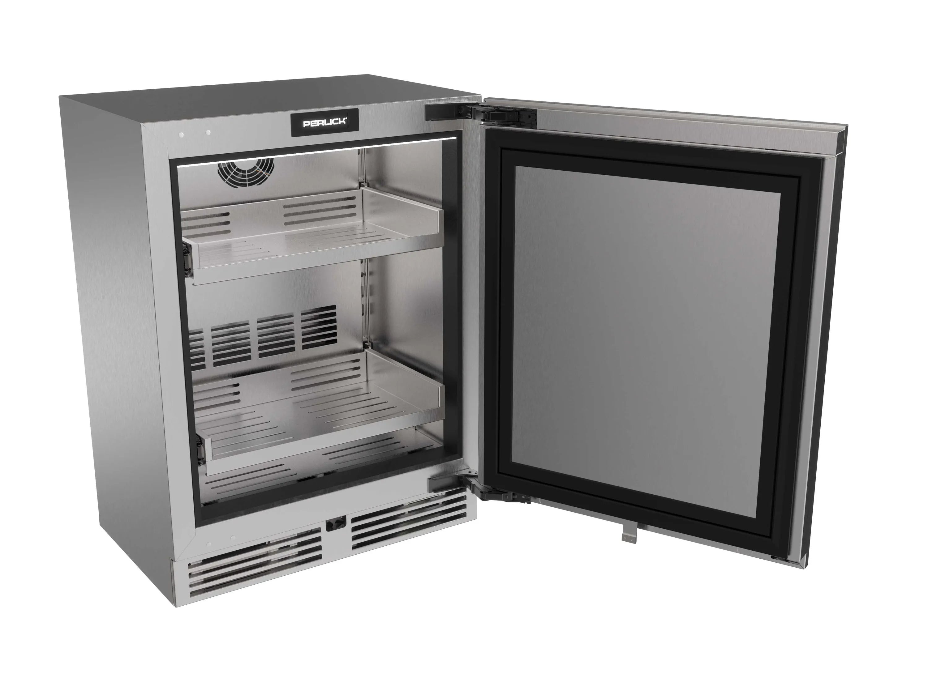 Undercounter refrigerator with open black solid door, showing interior shelves