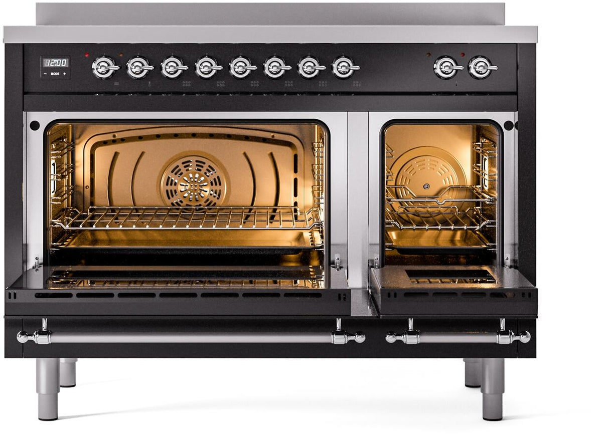 Freestanding induction range with oven door open, interior racks and heating elements visible