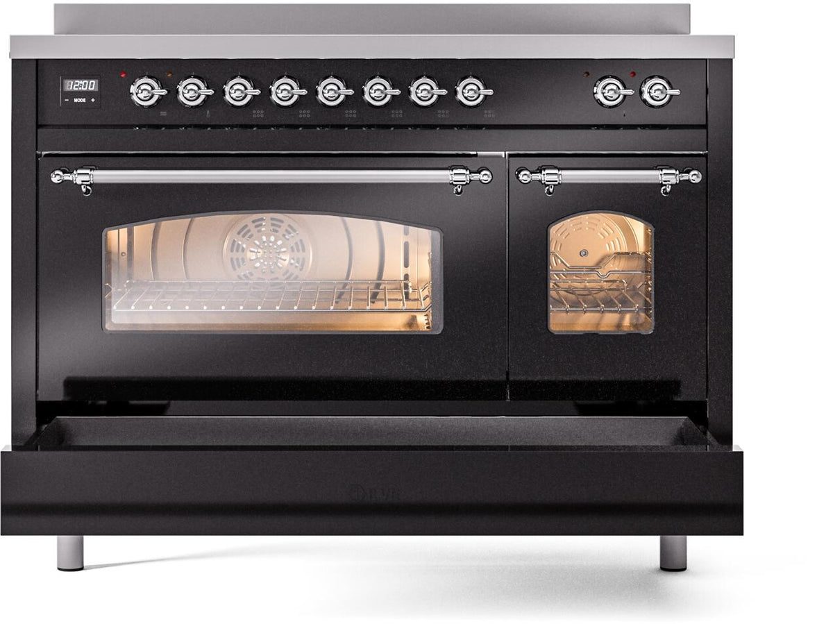 Freestanding induction range oven with door open, dual control knobs and lighted interior