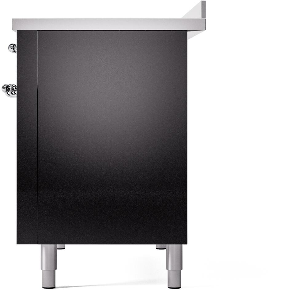 Freestanding induction range back corner with black side panel and leveling feet