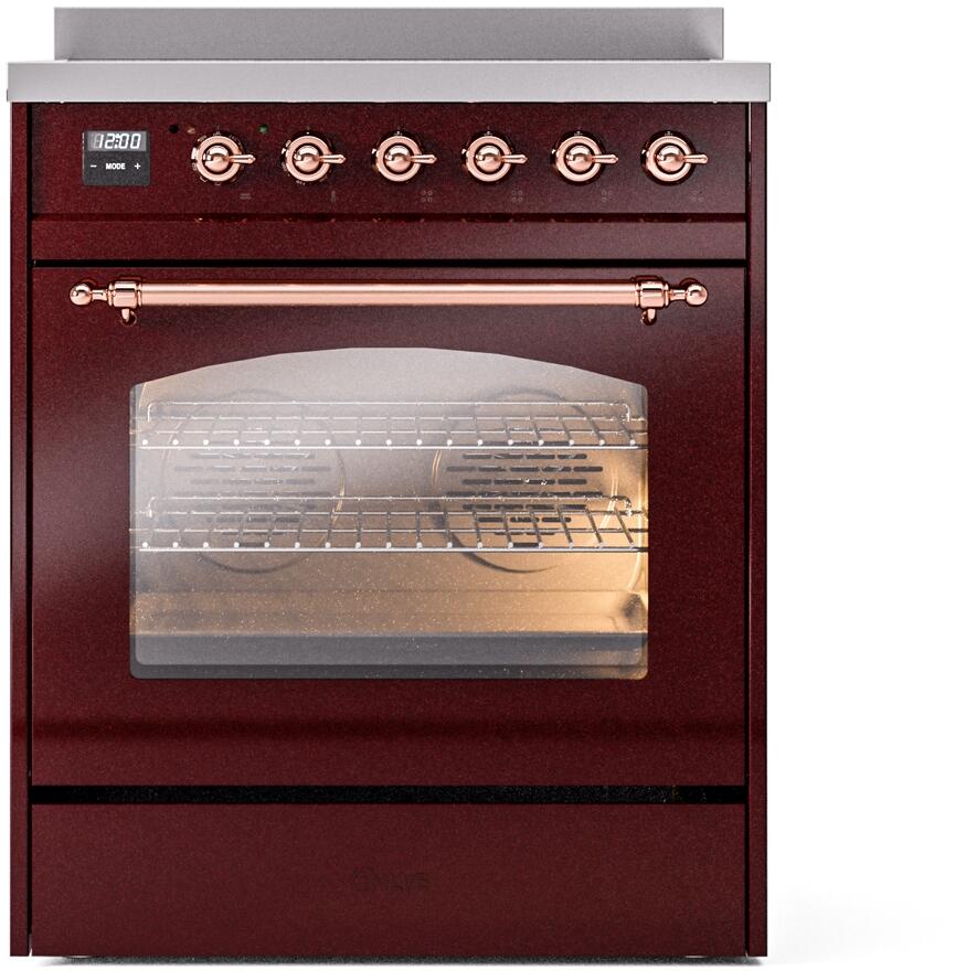 Burgundy electric induction range with copper-trim oven door and front control knobs