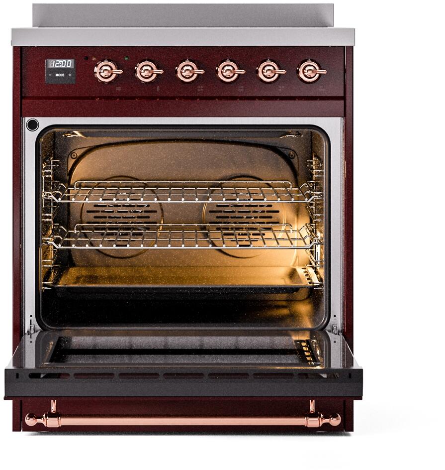 Burgundy induction range with oven door open showing wire racks inside the oven