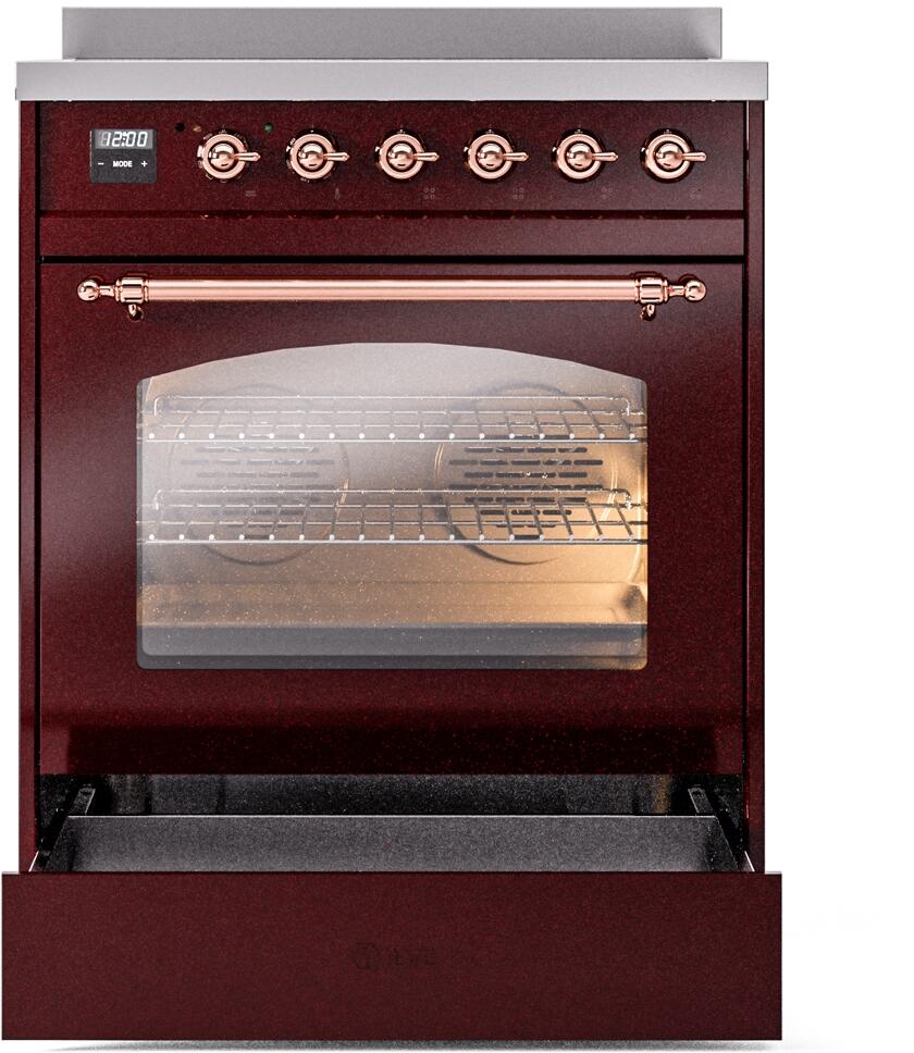 Burgundy electric induction range with oven door open and copper bar handle