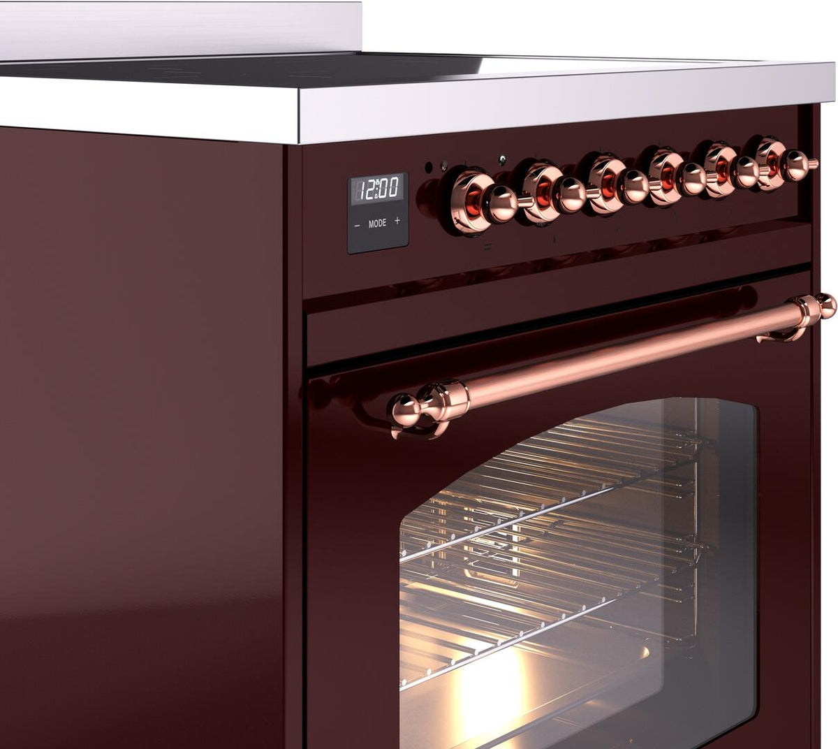 Copper-trimmed control knobs and oven handle on a burgundy induction range