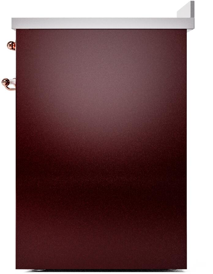 Burgundy rear side view of an induction range with top trim and copper handles