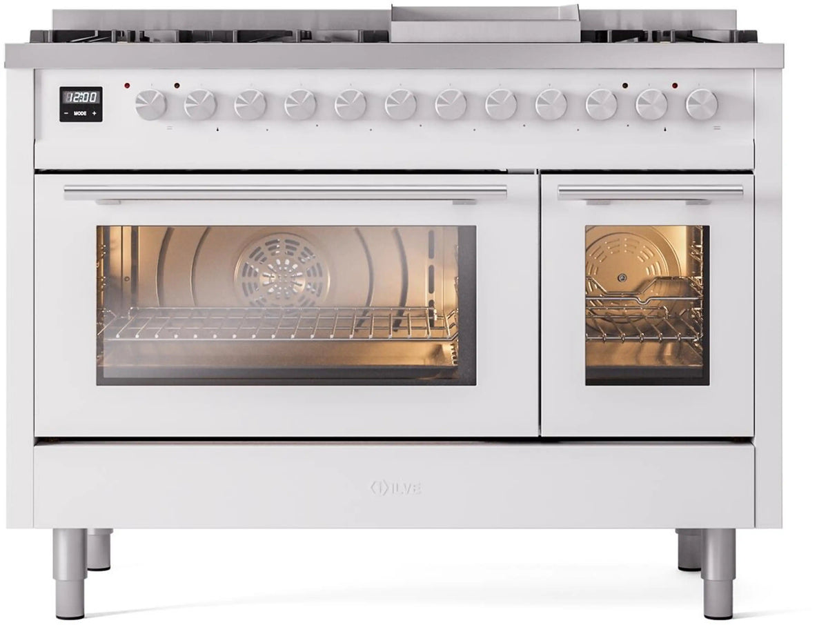 White freestanding dual-fuel range with two oven doors and burner control knobs