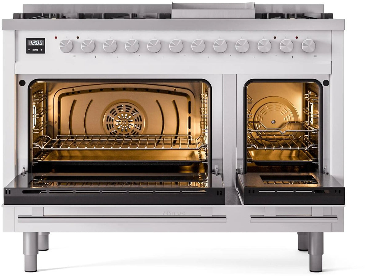 White dual fuel range with both ovens open, baking racks, and illuminated interiors