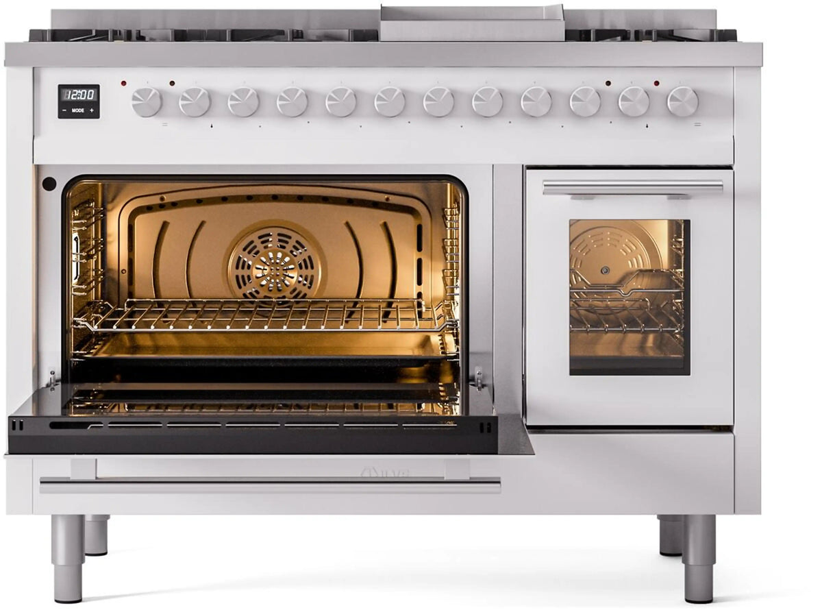 White freestanding dual-fuel range with two ovens and burner control knobs