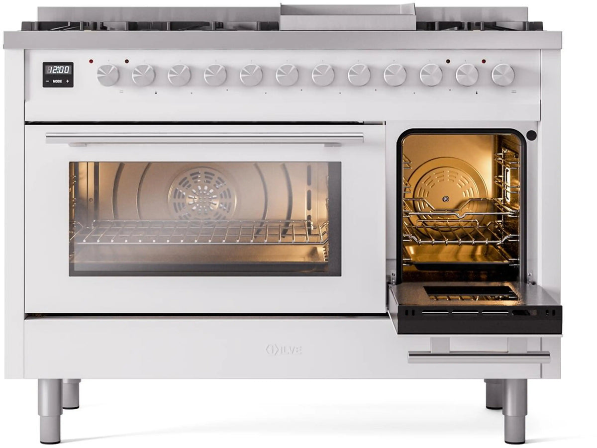 White range with one oven door open showing racks and warm interior light