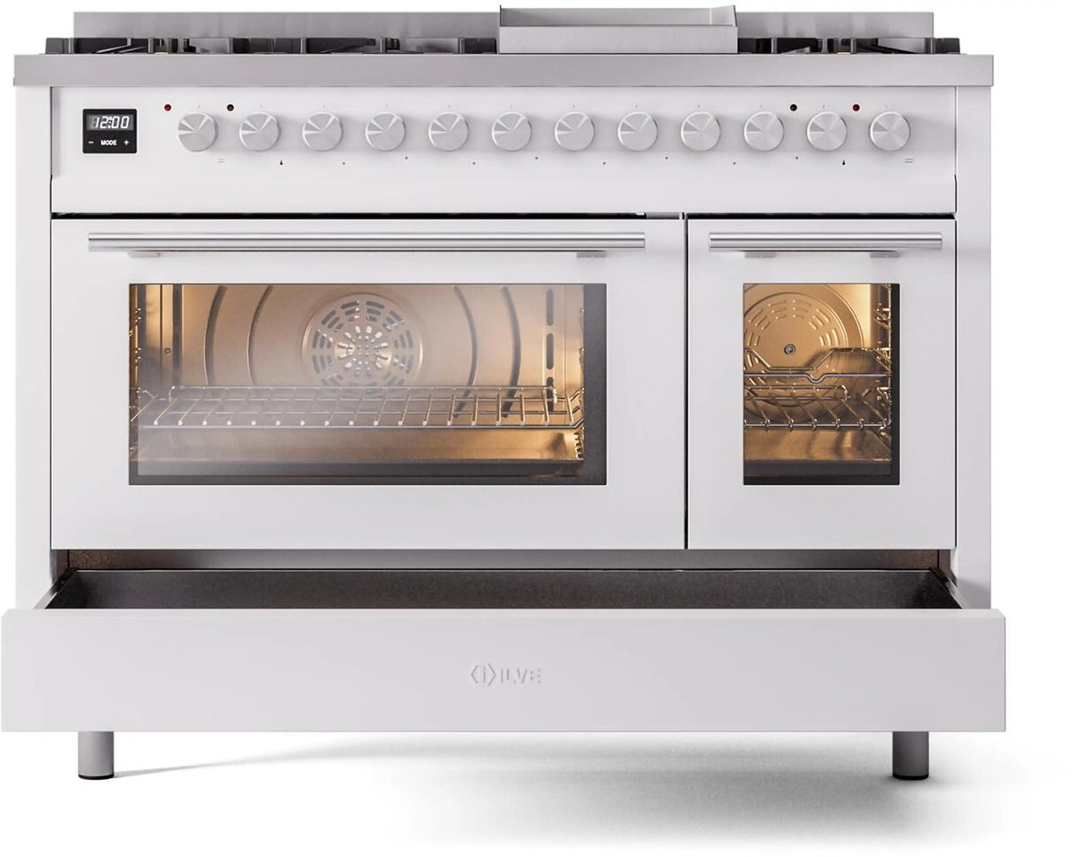 White professional range with eight burner knobs, two glass ovens, and front vent