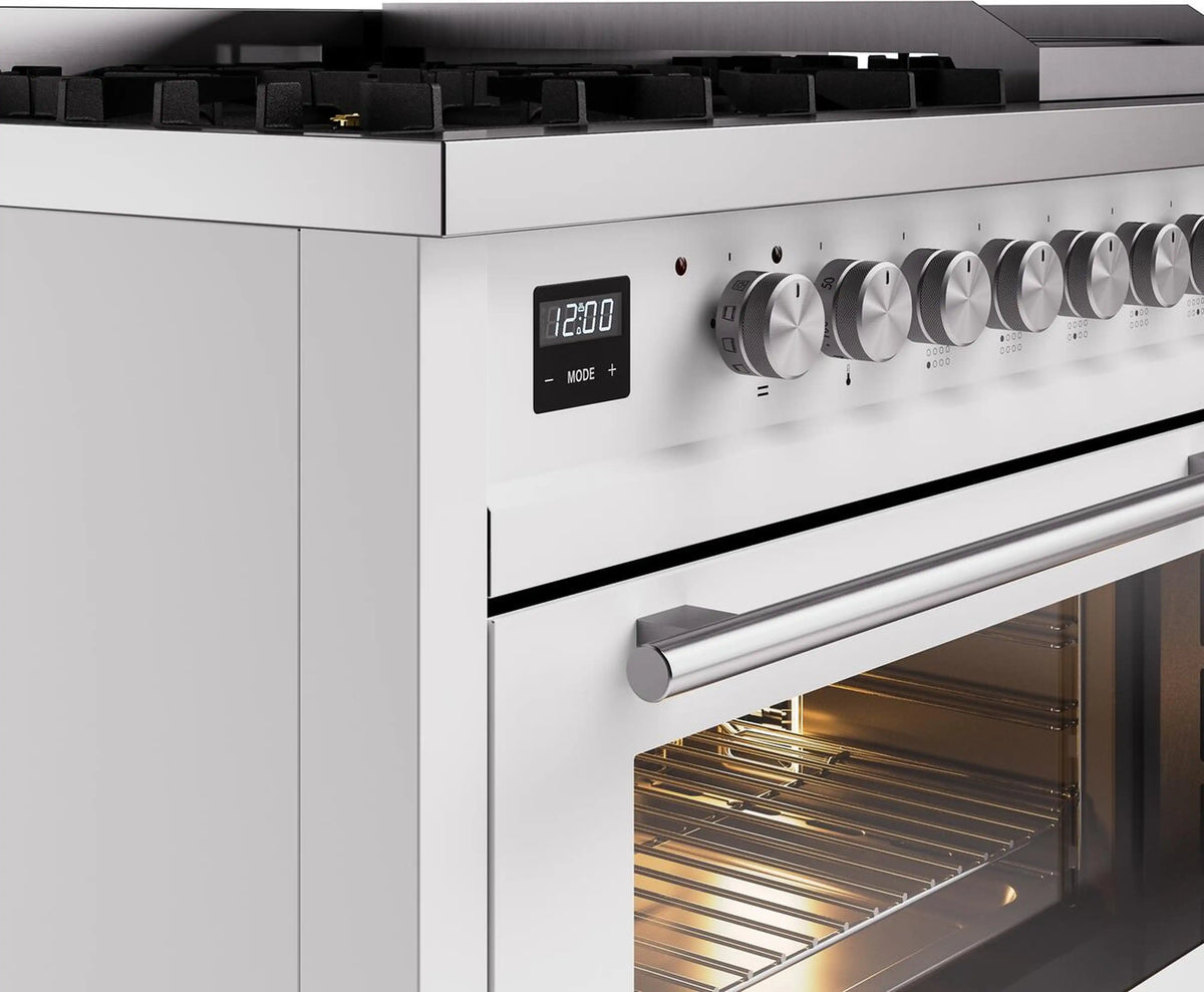White range control panel with clock display, burner knobs, and oven door