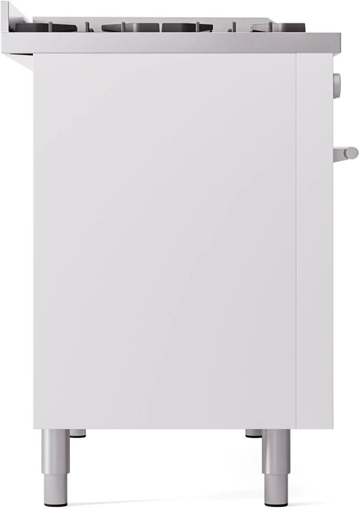White freestanding range front view with cabinet door and adjustable front feet