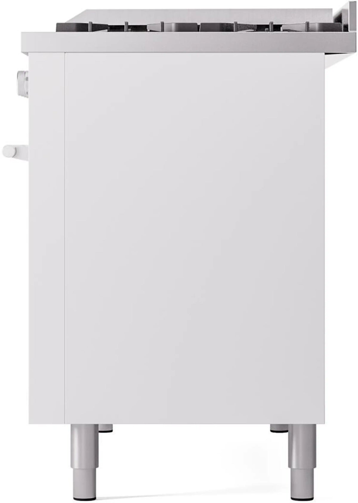 White freestanding gas range body with front legs and smooth cabinet front