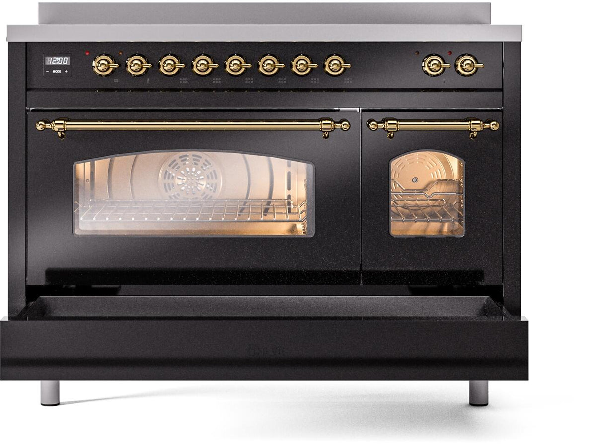 Freestanding electric induction range front with open oven doors and brass handle bars