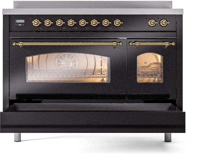 ILVE Nostalgie II 48-Inch Freestanding Electric Induction Range in Glossy Black with Brass Trim (UPI486NMPBKG)