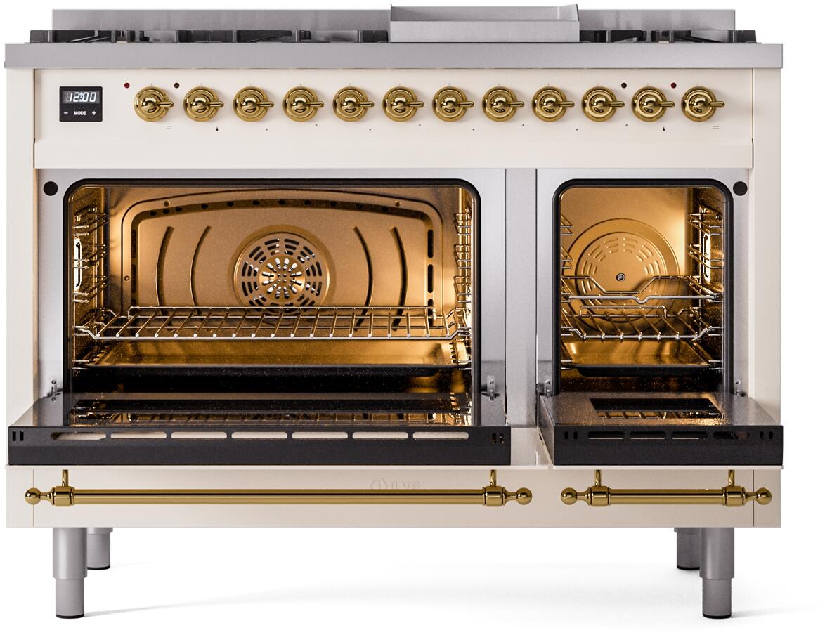 Dual fuel oven with both doors open, showing interior racks and warm lighting