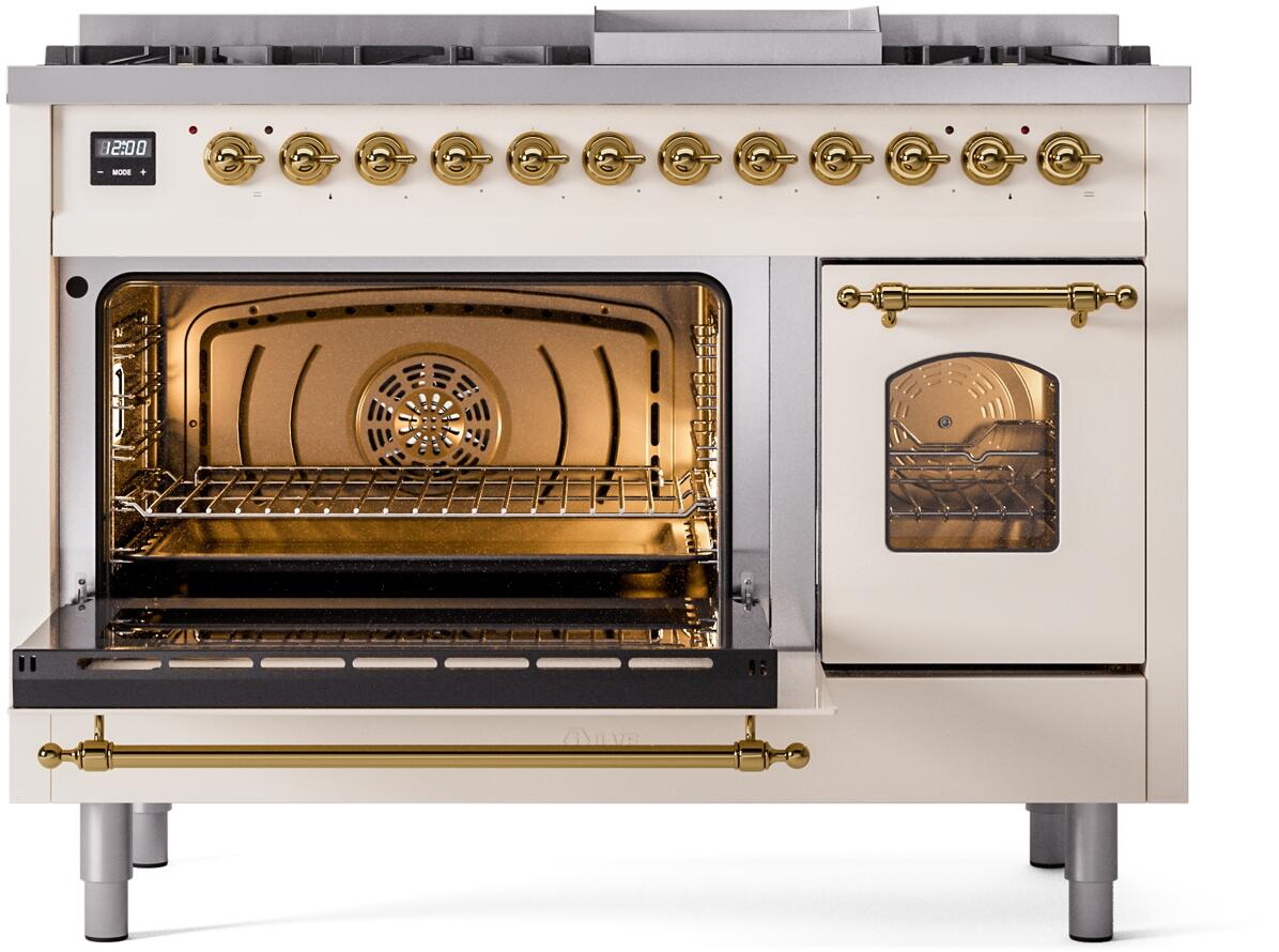 Antique white dual-fuel range with left oven open and right storage door closed, brass trim
