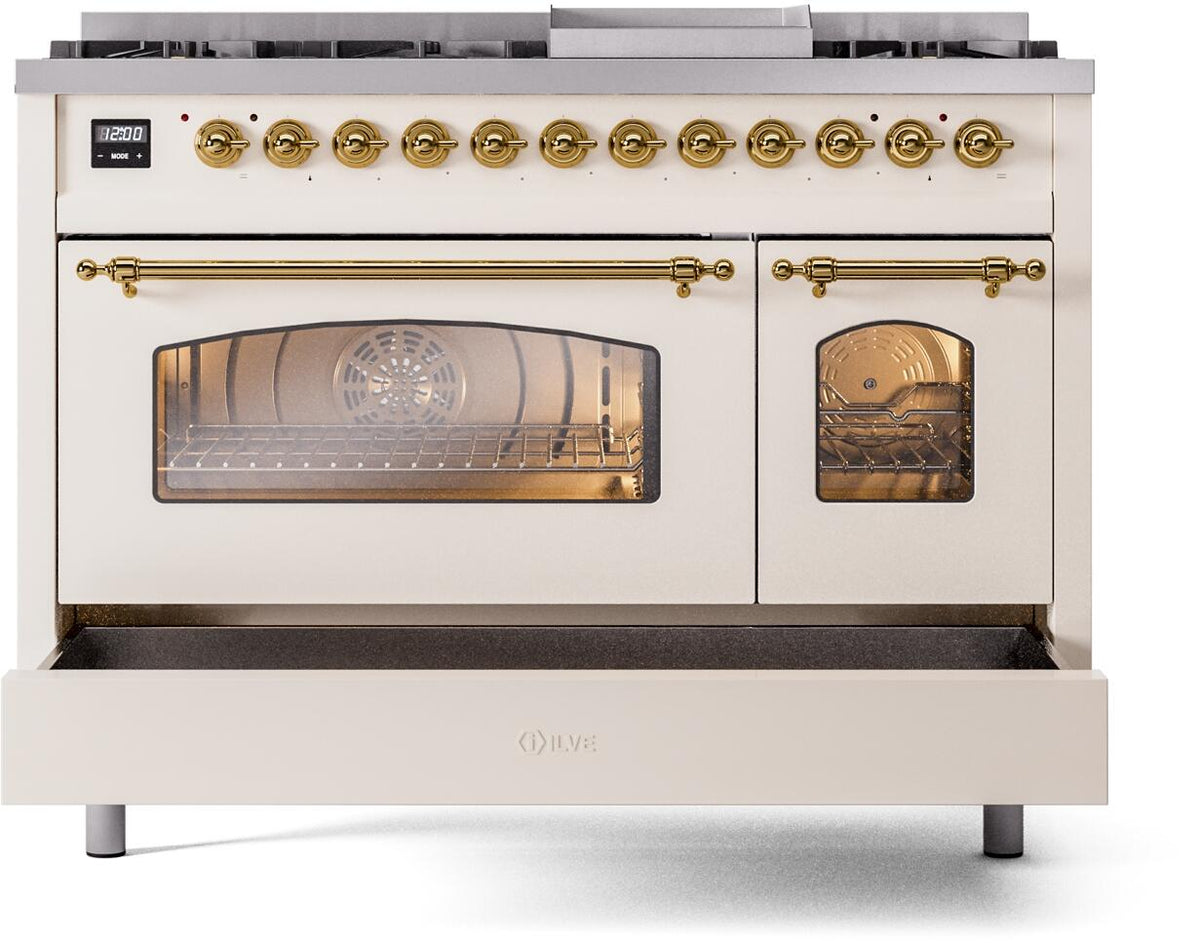 Antique white dual-fuel range with oven glass window and brass handles, front view