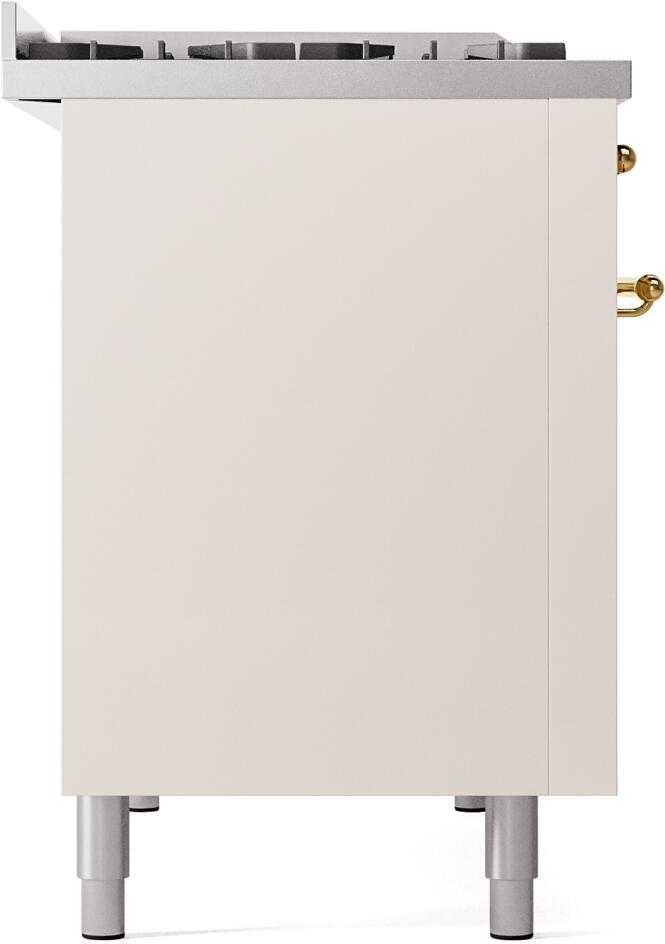 Antique white dual fuel freestanding range with brass trim and clean front panel
