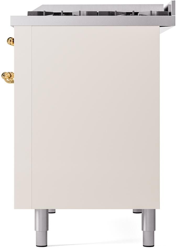 Antique white freestanding dual fuel range front panel with brass handle and leveling feet