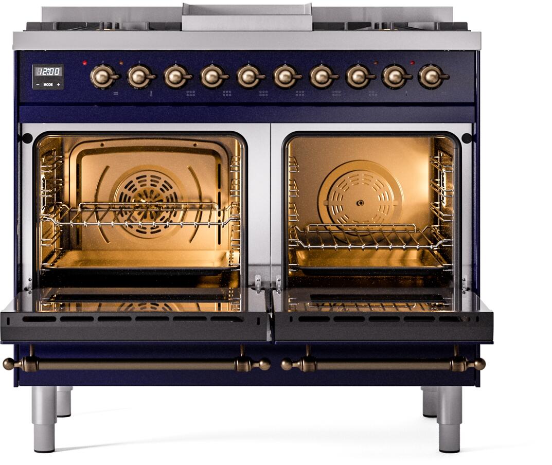 Midnight blue dual fuel range with both oven doors open and racks visible through the cavity