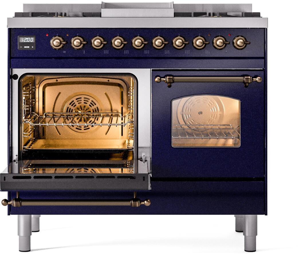 Midnight blue dual fuel range with left oven open, right door closed, bronze trim details