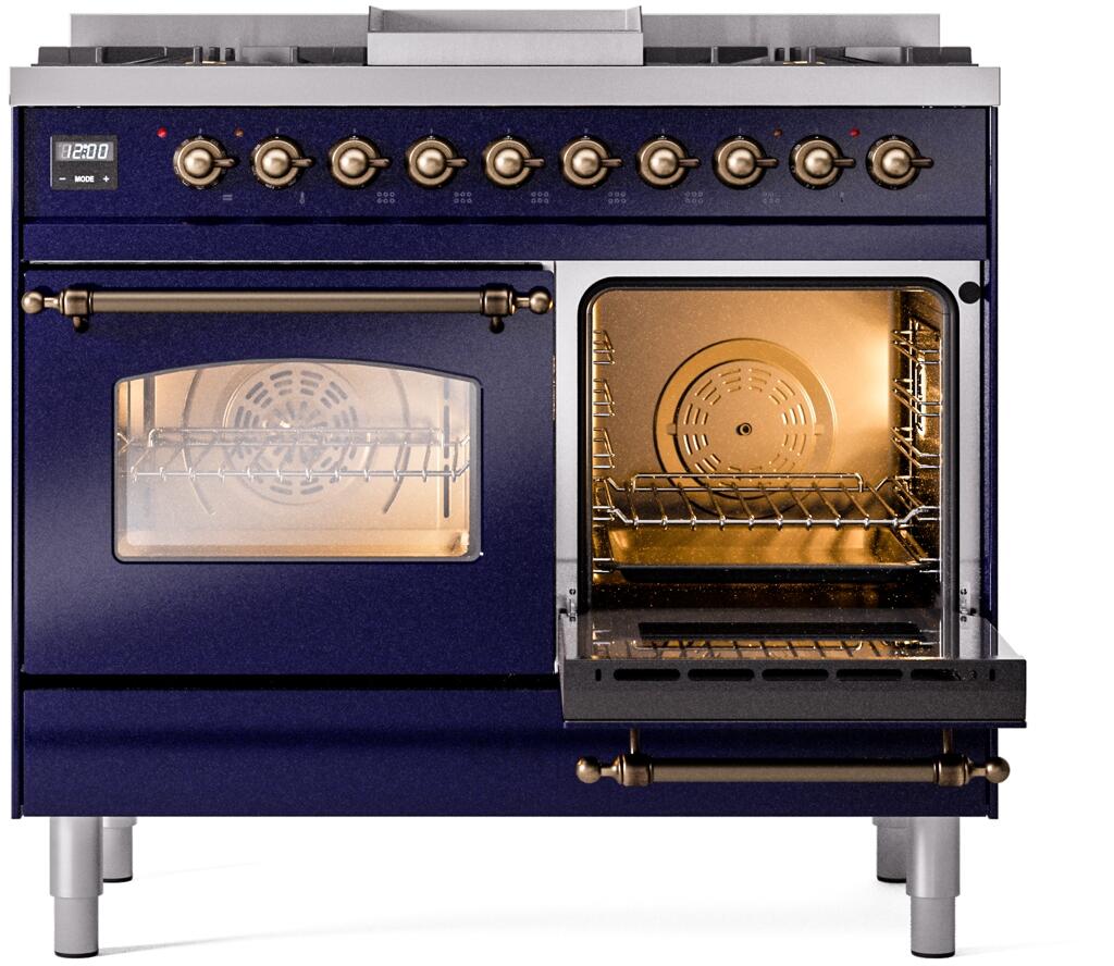 Midnight blue dual fuel range with left oven door open and right oven window visible