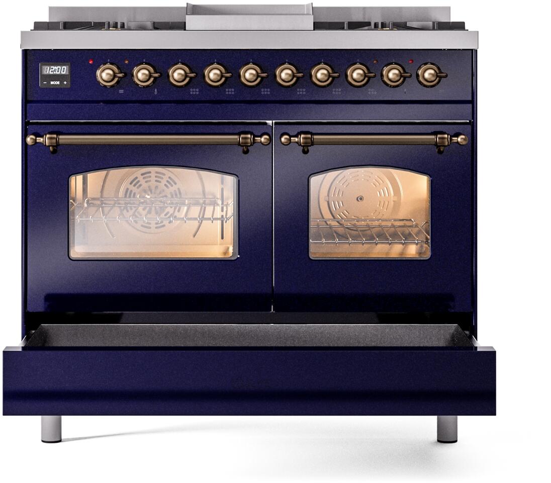 Midnight blue dual fuel freestanding range with both oven glass doors closed and bronze-trim handles